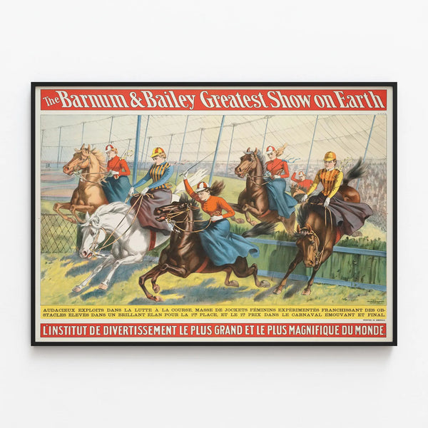 Vintage Barnum & Bailey Poster - Spectacular Women's Horse Racing — framed artwork on a wall