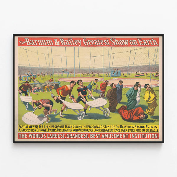Vintage poster Barnum & Bailey Greatest Show on Earth - Original race at the Big Hippodrome — framed artwork on a wall