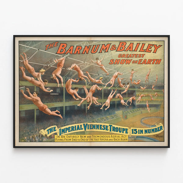 Vintage Barnum & Bailey Poster - Viennese Aerial Troupe — framed artwork on a wall