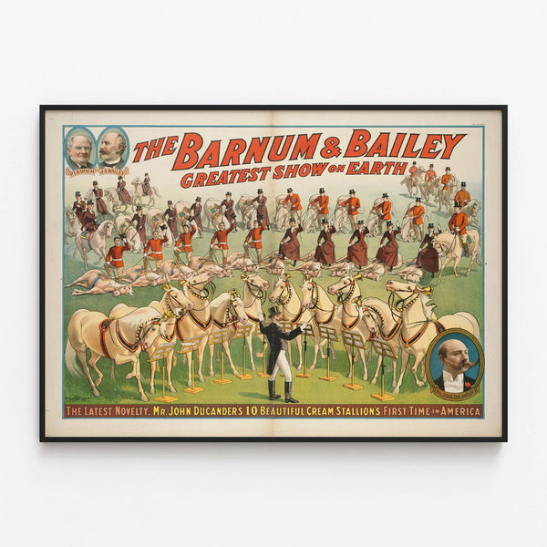 Vintage poster Barnum & Bailey with the 10 cream stallions by John Ducander — framed artwork on a wall