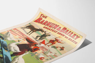 Vintage poster of Barnum & Bailey Circus with clown and trained animals