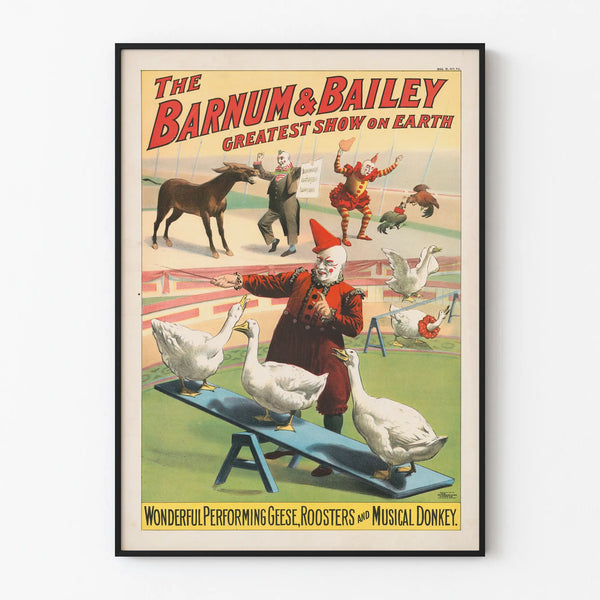 Vintage poster of Barnum & Bailey Circus with clown and trained animals