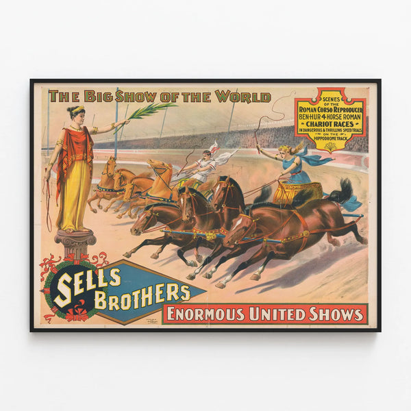 Vintage poster of Roman chariot race Sells Brothers — framed artwork on a wall