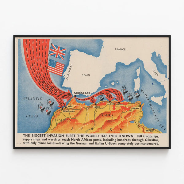 Historical Poster of Naval Invasion in North Africa - Vintage Wall Decoration — framed artwork on a wall