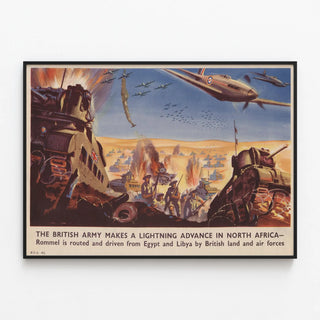 Vintage Poster of the British Army Lightning in North Africa — framed artwork on a wall