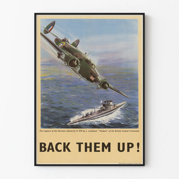 Vintage poster of a submarine capture and Lockheed Hudson airplane