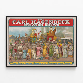 Vintage poster Carl Hagenbeck Greater Shows - Indian colonies in ceremony — framed artwork on a wall