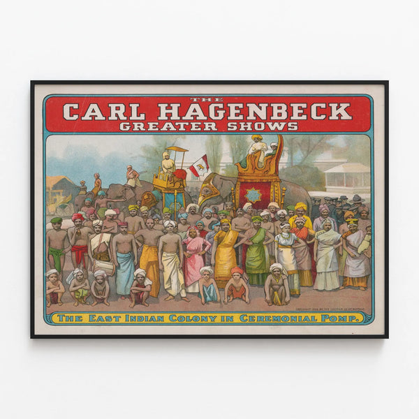 Vintage poster Carl Hagenbeck Greater Shows - Indian colonies in ceremony — framed artwork on a wall