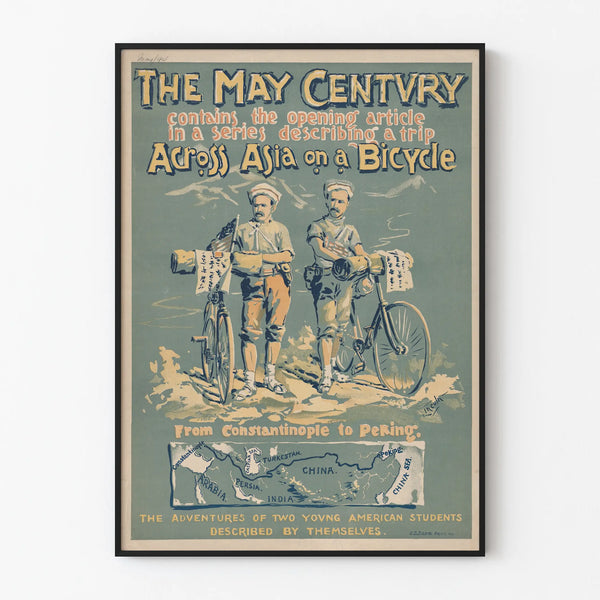 Vintage poster of a bicycle journey across Asia