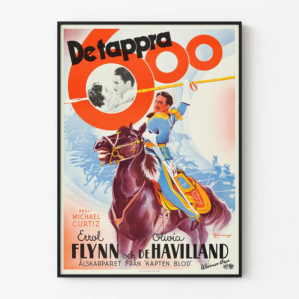 Vintage poster of a classic film with a rider and a romantic couple