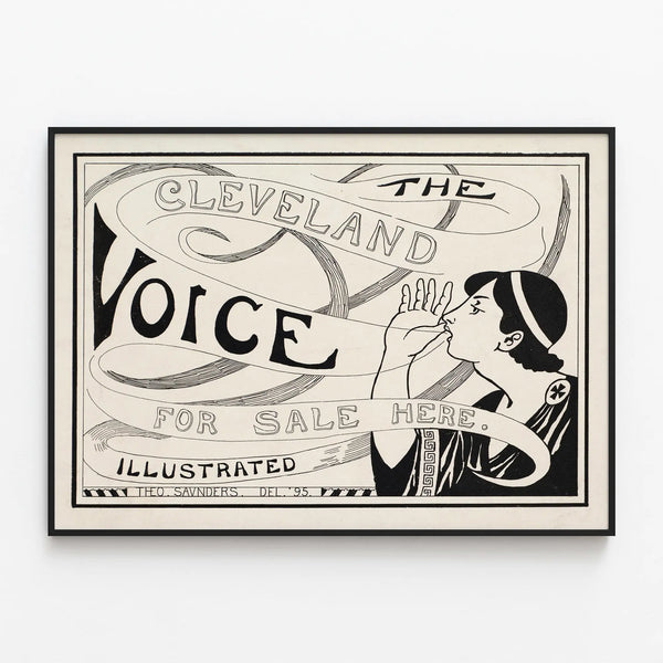 Vintage poster The Cleveland Voice illustration in black and white — framed artwork on a wall