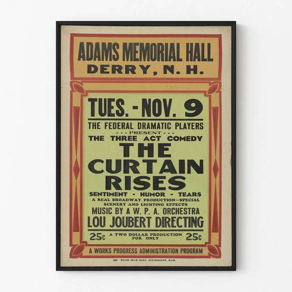 Vintage theater poster The Curtain Rises - Adams Memorial Hall Derry