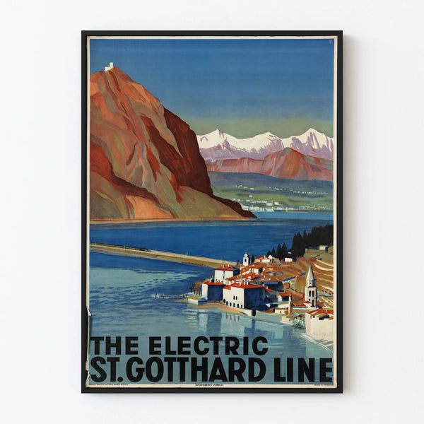 Vintage poster of the St. Gotthard electric line – Mountain and lake wall decoration
