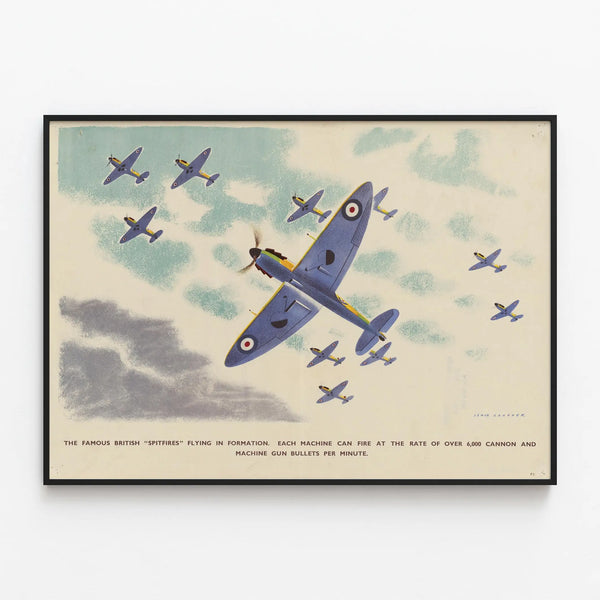 British Spitfires in Formation Airshow Poster — framed artwork on a wall
