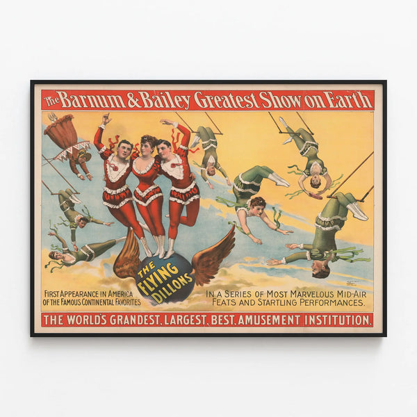 Vintage Poster Les Flying Dillons - Barnum & Bailey Trapeze Show — framed artwork on a wall