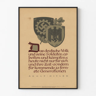 German propaganda poster with a quote from Adolf Hitler and Nazi symbols