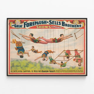 Vintage Poster The Great Forepaugh & Sells Brothers - Hanlon Aerial Acrobat Troupe — framed artwork on a wall