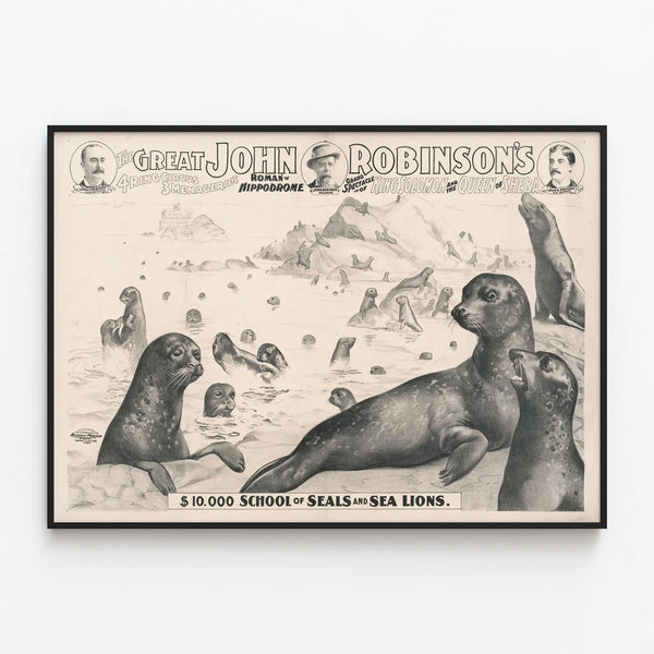 Vintage Circus Poster John Robinson - Seal and Sea Lion School — framed artwork on a wall