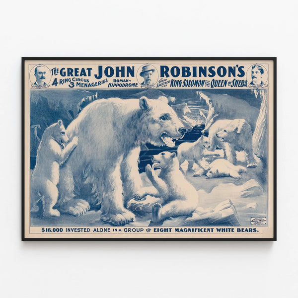 Vintage Poster of White Bears - John Robinson's Circus — framed artwork on a wall