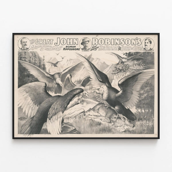 Vintage poster John Robinson's 4 Ring Circus - Roman Hippodrome and Grand Spectacle — framed artwork on a wall