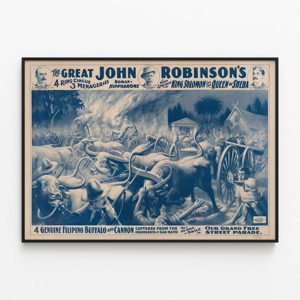 Vintage poster of the circus The Great John Robinson's Buffalo Philippins and cannon — framed artwork on a wall