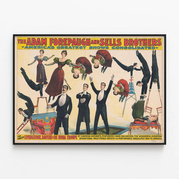Vintage poster of the champion acrobatic troupe - Livingstone, Davene & De Mora — framed artwork on a wall