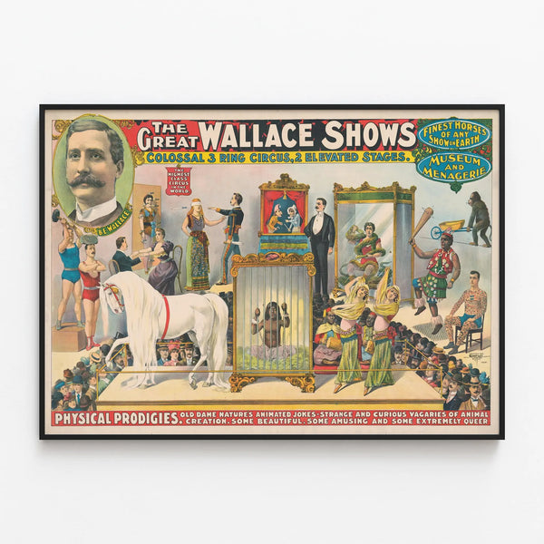 Vintage poster The Great Wallace Shows – Cinema and circus wall decoration — framed artwork on a wall