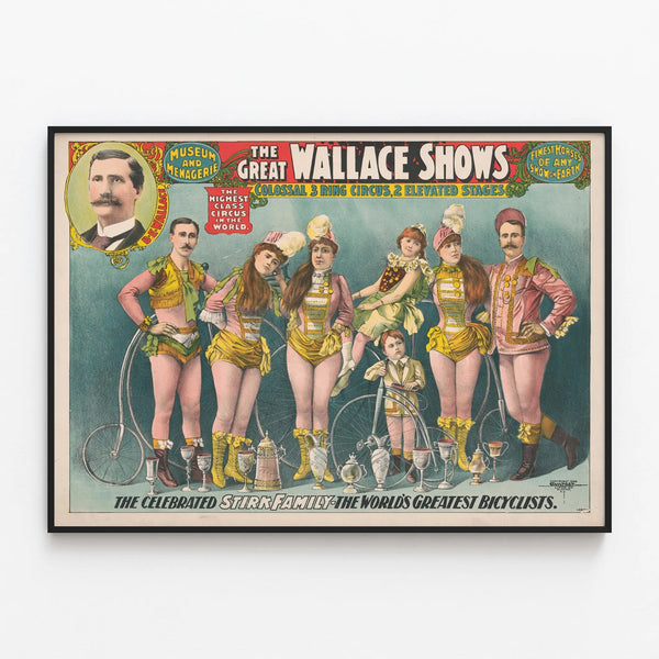 Vintage Poster Circus The Great Wallace Shows and Stirk Family Cyclists — framed artwork on a wall