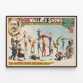 Vintage poster Le Great Wallace Shows - Skaters on stilts — framed artwork on a wall