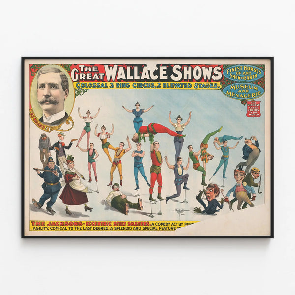 Vintage poster Le Great Wallace Shows - Skaters on stilts — framed artwork on a wall