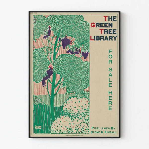 Poster The Green Tree Library - Nature and Chickens Illustration, Vintage Wall Decoration