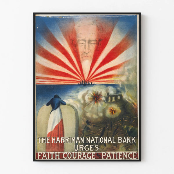 Motivational poster of Harriman National Bank on faith, courage, and patience
