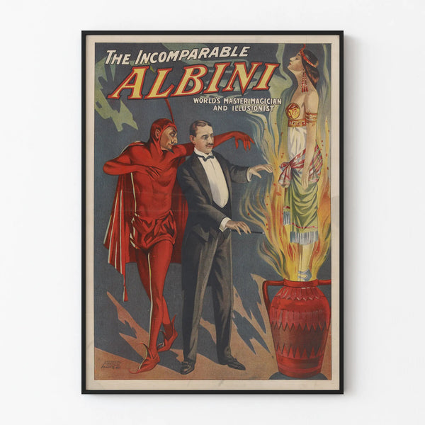 Vintage poster for wall decoration The Incomparable Albini, magician and illusionist