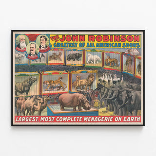 Vintage poster of John Robinson's Grand Menagerie — framed artwork on a wall