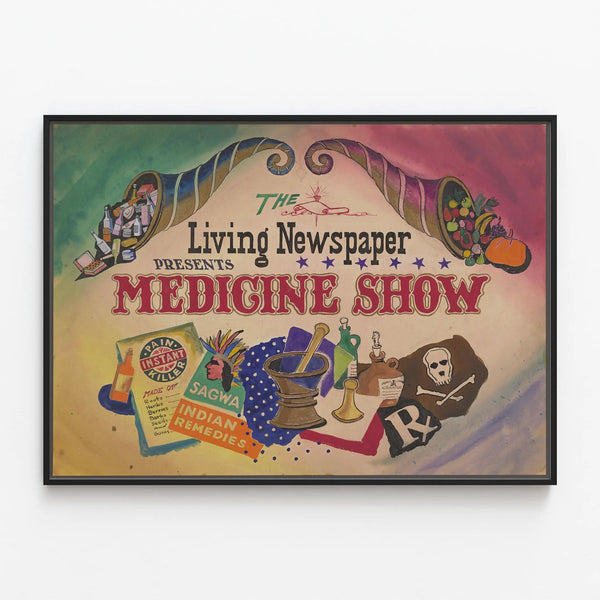 Vintage poster The Living Newspaper Medicine Show — framed artwork on a wall