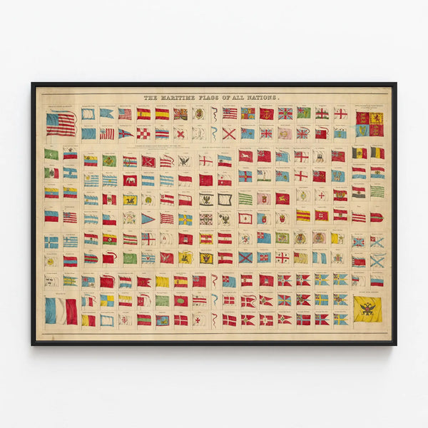 Vintage poster of maritime pavilions from around the world — framed artwork on a wall
