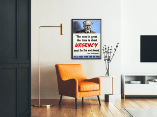 Vintage poster with quote on urgency Lord Beaverbrook