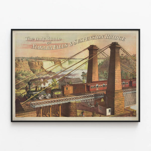 Vintage poster of the Suspension Bridge and Niagara Falls — framed artwork on a wall