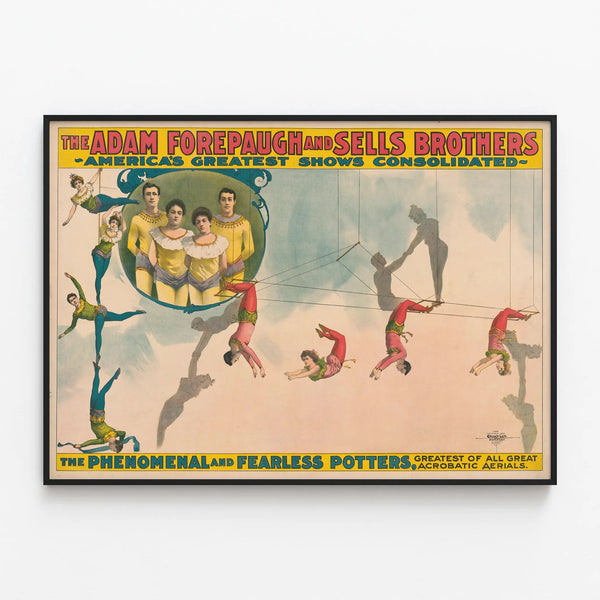 Vintage poster of aerial acrobats by the Potters brothers — framed artwork on a wall