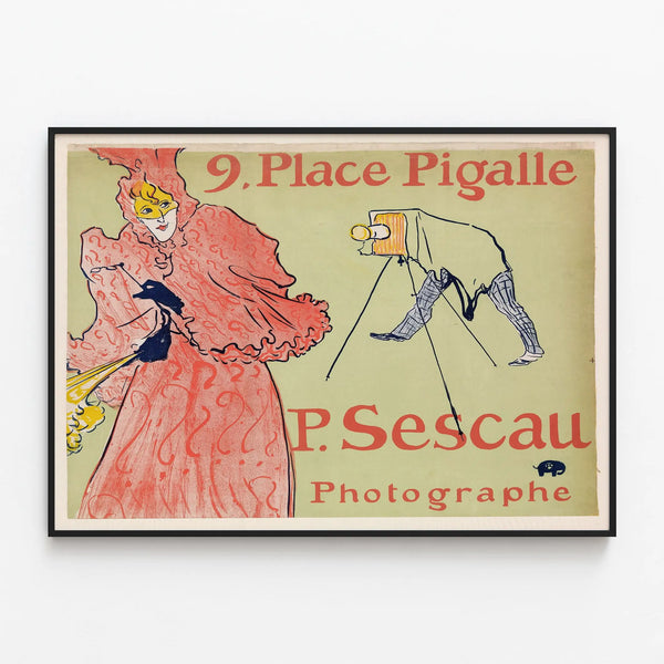Vintage poster of Place Pigalle Photographer P. Sescau — framed artwork on a wall