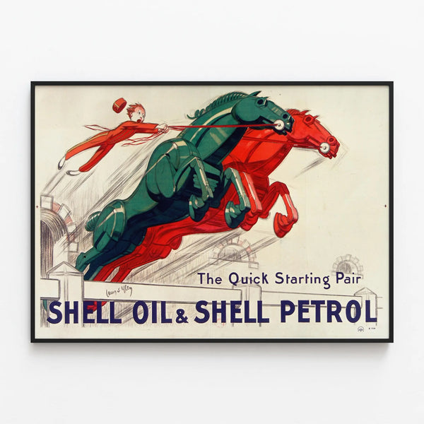 Vintage Shell Oil & Shell Petrol poster with mechanical horses — framed artwork on a wall