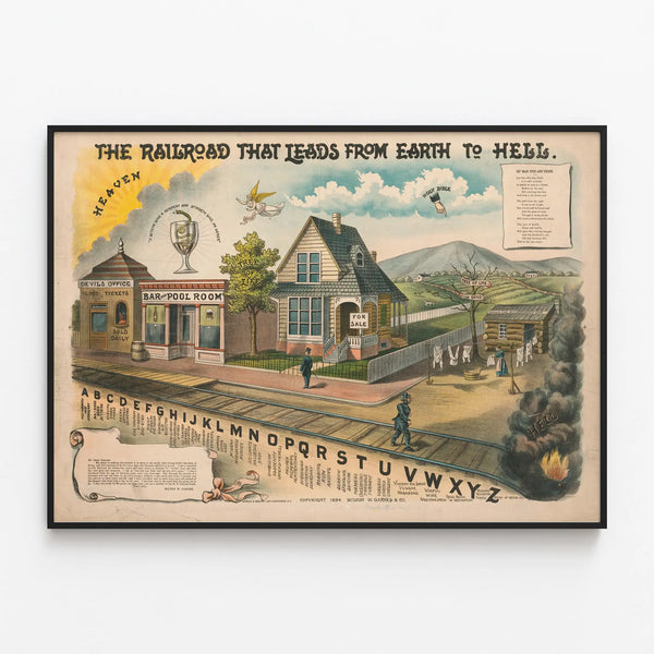 Vintage Poster The Railroad That Leads From Earth to Hell — framed artwork on a wall