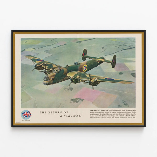 Vintage Poster of the British Halifax Airplane — framed artwork on a wall