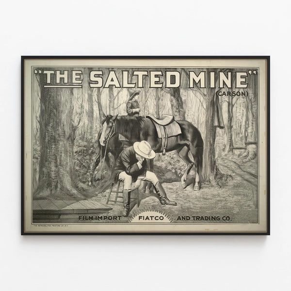 Vintage poster The Salted Mine - Black and white Western wall decoration — framed artwork on a wall