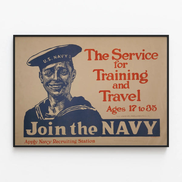 Vintage US Navy recruitment poster for wall decoration — framed artwork on a wall