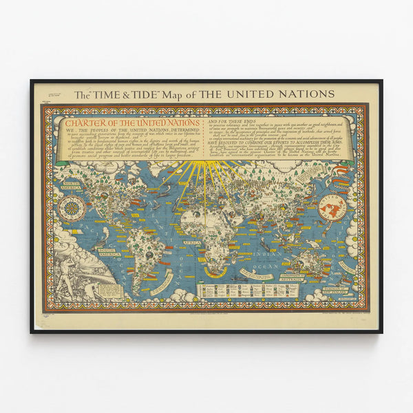 Vintage Poster of the United Nations Time & Tide Map 1948 — framed artwork on a wall