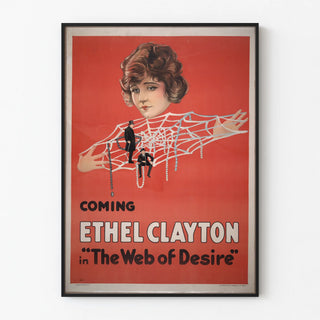 Vintage poster The Web of Desire with female portrait and spider webs