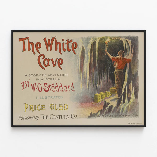 Vintage poster The White Cave - Australian adventure wall decoration — framed artwork on a wall