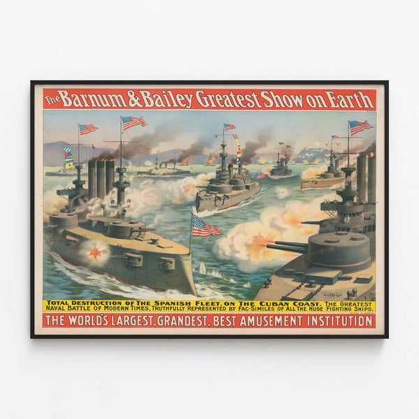 Vintage Poster of Battleship and Destruction of the Spanish Fleet — framed artwork on a wall