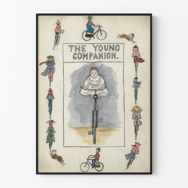 Vintage wall decoration poster Child with bicycle The Young Companion